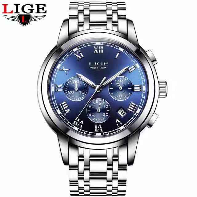 LIGE Watch Waterproof Stainless Steel Chronograph Quartz Men's Watch