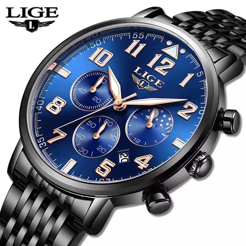 LIGE 9879 Business Style Waterproof Men Wrist Watch  Full Steel Quartz Watches